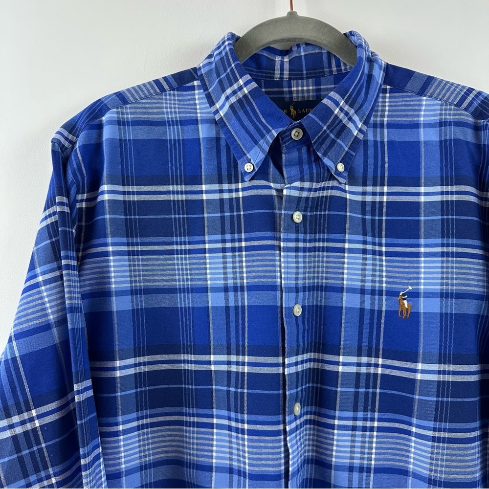 Polo PRL Ralph Lauren Blue Plaid Oxford Shirt Large 100% Cotton